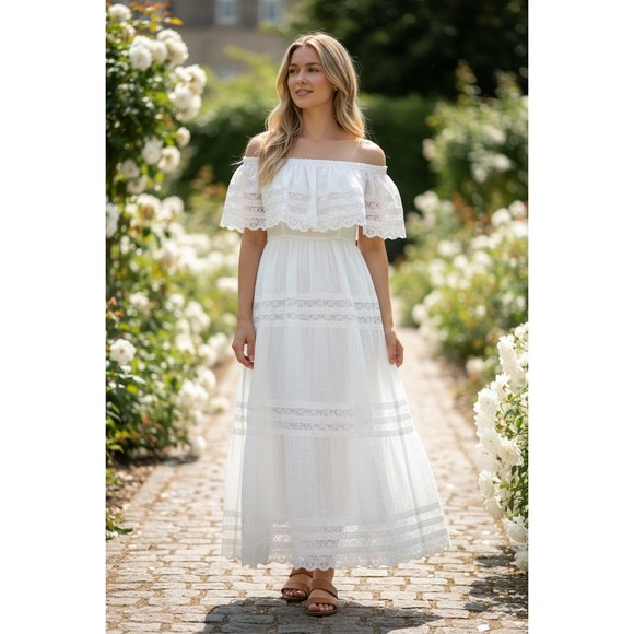 Vintage Dresses & Skirts - Vintage Prairie Peasant Maxi Dress Lace Ribbon Trim Ruffle Cape Boho Romantic